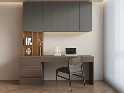 Modern Wooden Desk Interior With Gray Cabinets Laptop Chair And Decorative Shelf 3d model