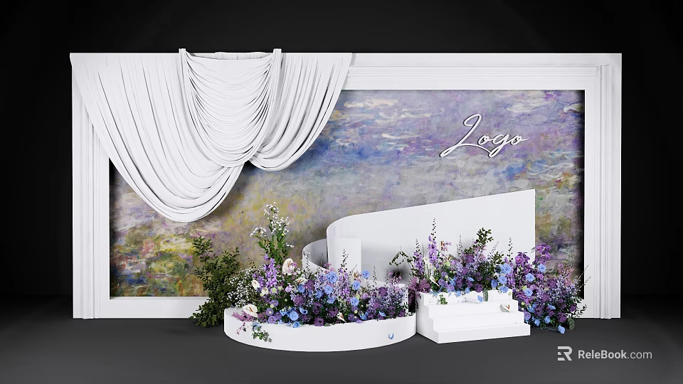 Elegant Event Decor With White Drapery Monet Style Backdrop And Purple Blue Flowers 3d model 