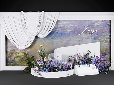 Elegant Event Decor With White Drapery Monet Style Backdrop And Purple Blue Flowers 3d model
