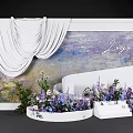 Elegant Event Decor With White Drapery Monet Style Backdrop And Purple Blue Flowers