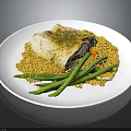 Delicious Baked Fish Fillet Served With Yellow Grains And Green Beans Topped With Fresh Herbs