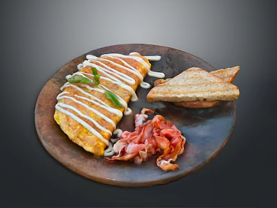 Creamy Omelette With White Sauce Served On Rustic Plate Alongside Crispy Bacon And Toasted Bread 3d model