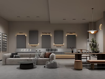 Modern Showroom Interior Design With Sofa Coffee Table Display Panels And Plant Lighting 3d model