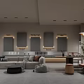 Modern Showroom Interior Design With Sofa Coffee Table Display Panels And Plant Lighting
