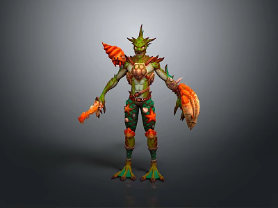 Game Movie Character With Green Skin Horned Head And Orange Warrior Armor Design 3d model
