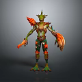 Game Movie Character With Green Skin Horned Head And Orange Warrior Armor Design