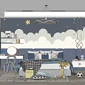 Blue Themed Kids Room Interior With Cloud Wallpaper Star Decorations And Deer Plush Toy