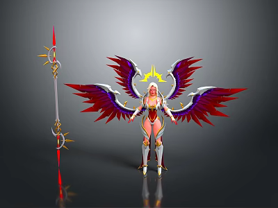 Game Movie Character With Red Purple Wings Golden Halo And Golden White Armor Spear 3d model