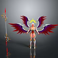 Game Movie Character With Red Purple Wings Golden Halo And Golden White Armor Spear