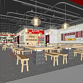 Skewer Restaurant Storefront Design with Red Billboard Bright Signage Dining Furniture and Interior Decor