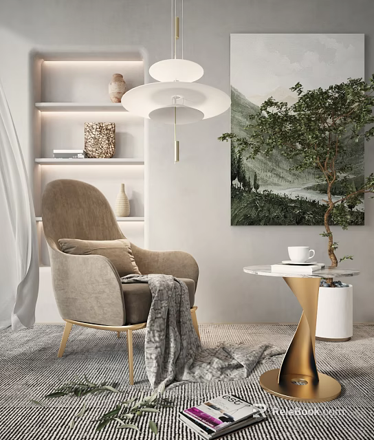 Modern Beige Single Sofa with Gold Legs Gray Throw Blanket and Side Table White Cup 3d model 