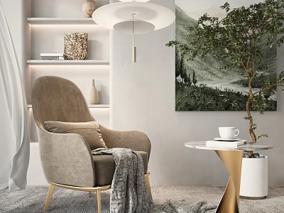 Modern Beige Single Sofa with Gold Legs Gray Throw Blanket and Side Table White Cup 3d model