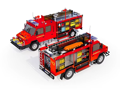 Two Red Electric Toy Fire Trucks with Detailed Ladders and Equipment 3d model