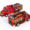Two Red Electric Toy Fire Trucks with Detailed Ladders and Equipment