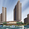 Modern Urban High Rise Complex With Central Water Feature And Surrounding Roads