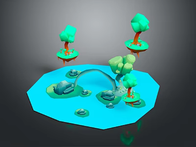 Low Poly 3D Scene With Blue Water Green Trees Orange Trunks Bridge And Stones 3d model