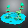 Low Poly 3D Scene With Blue Water Green Trees Orange Trunks Bridge And Stones