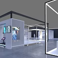 Modern Exhibition Booth Design Featuring White Frame Illuminated Lines Company Logo Stairs And Display Screens