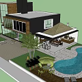 Modern Detached Villa with Large Glass Windows Outdoor Patio and Palm Trees Greenery