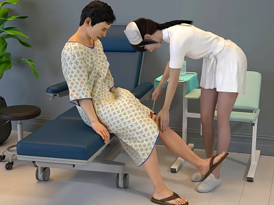 Nurse Examining Patient Leg In Medical Room With Hospital Gown And Equipment 3d model