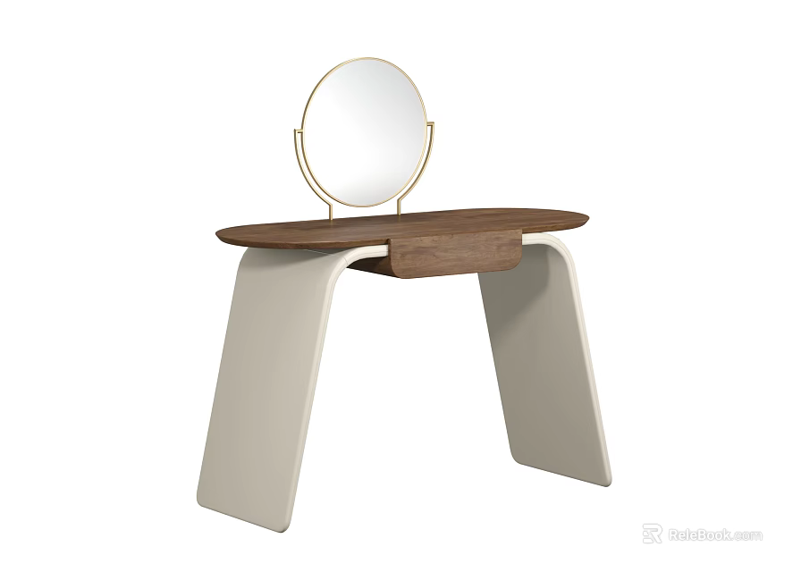 Modern Dressing Table With Round Mirror Wooden Top And Curved White Legs 3d model 
