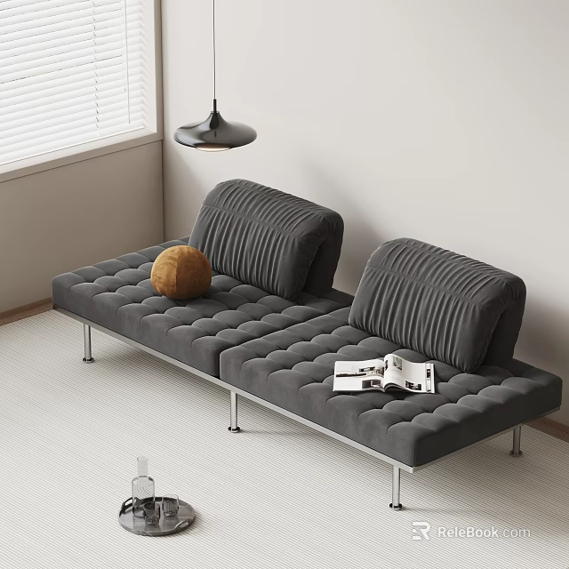 Gray Two Seater Sofa With Striped Cushions Brown Pillow And Magazine 3d model 