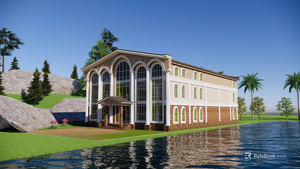 Modern Office Building With Arched Windows Green Lawn Trees And Waterfront View 3d model 
