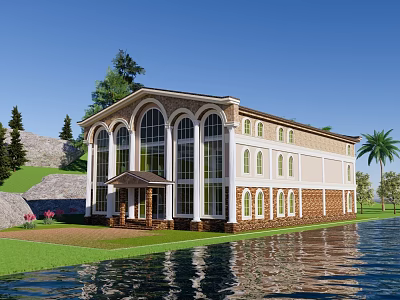Modern Office Building With Arched Windows Green Lawn Trees And Waterfront View 3d model