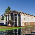 Modern Office Building With Arched Windows Green Lawn Trees And Waterfront View