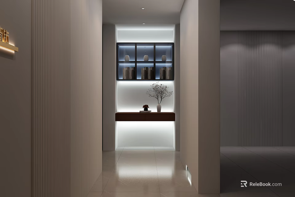 Modern Light Luxury Corridor Decorative Cabinet With LED Strip Lighting Glass Doors And Ornaments 3d model 