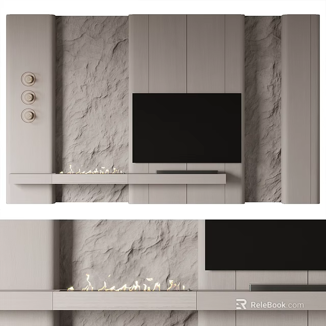 Modern Elegant TV Background Wall Design With Stone Texture And Floating Shelf 3d model