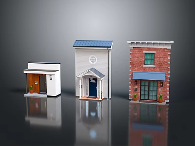 Three Different Entry Door Styles With White Wall Red Brick And Blue Roof Decorative Potted Plants 3d model