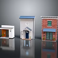 Three Different Entry Door Styles With White Wall Red Brick And Blue Roof Decorative Potted Plants