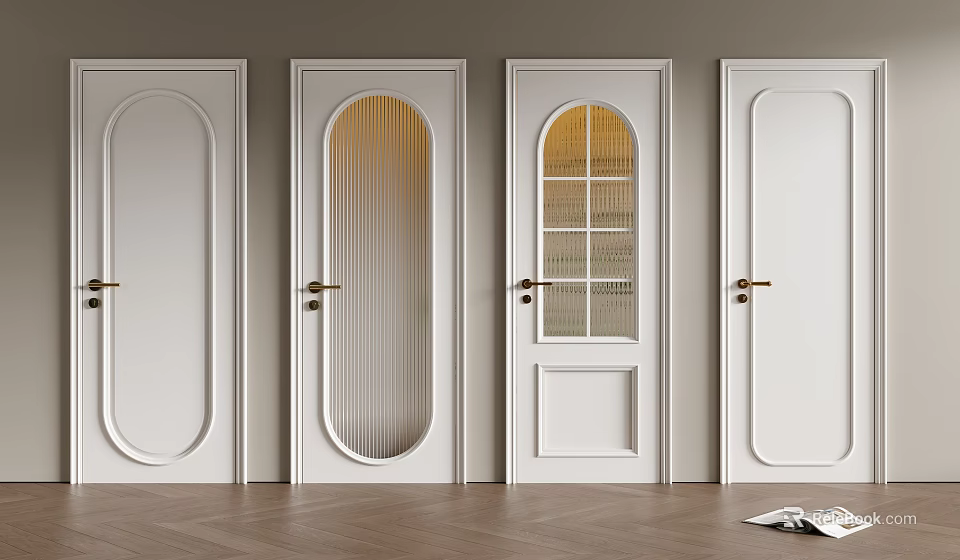 White Hinged Doors With Various Designs Glass Panels And Golden Handles In Interior 3d model 