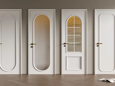 White Hinged Doors With Various Designs Glass Panels And Golden Handles In Interior 3d model