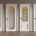 White Hinged Doors With Various Designs Glass Panels And Golden Handles In Interior