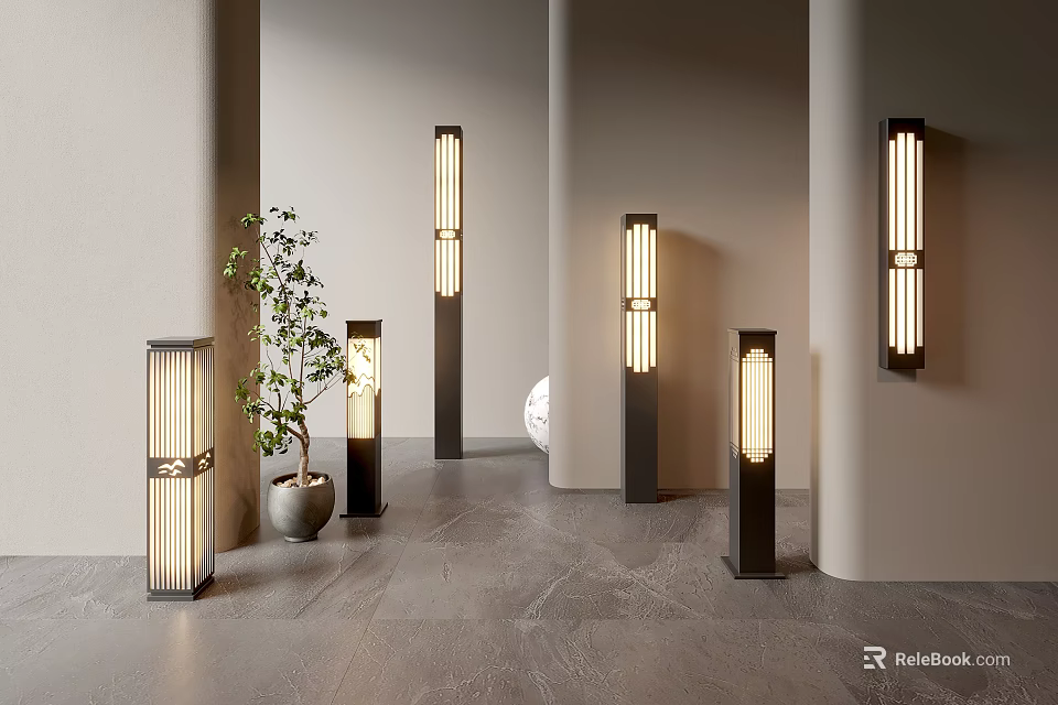 Modern Outdoor Lights With Sleek Post And Wall Designs Featuring Warm Glow And Green Plants 3d model 
