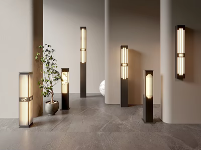 Modern Outdoor Lights With Sleek Post And Wall Designs Featuring Warm Glow And Green Plants 3d model