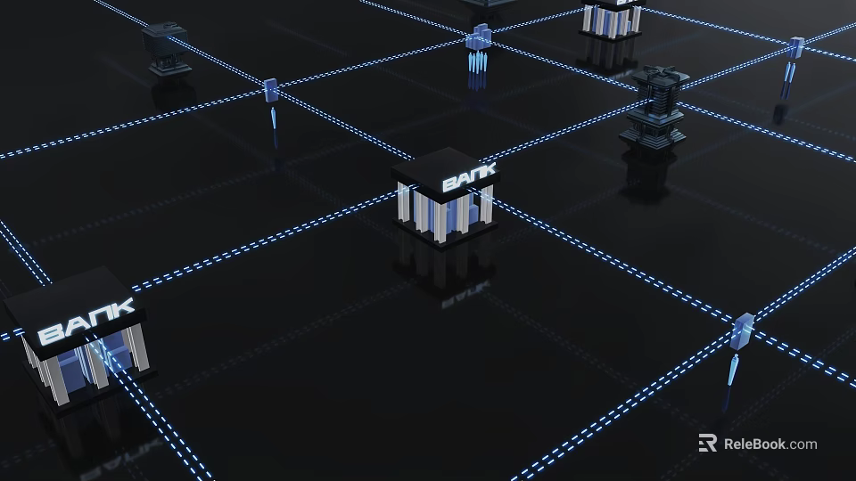 BYK Network Nodes Connected By Blue Digital Lines On Black Surface 3d model 