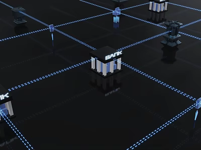 BYK Network Nodes Connected By Blue Digital Lines On Black Surface 3d model
