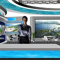 Exhibition Island Featuring Large Display Screens and Landscape Views with Green Plant