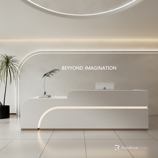 Modern Minimalist White Reception Desk With Curved Design Green Plant Beyond Imagination Wall Lighting Accents 3d model 