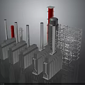 Industrial Equipment Structures With Chimneys Red Components And Metal Frames