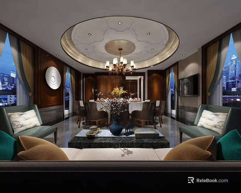 Luxury Private Box Interior With Circular Ceiling Chandelier Sofas And City View 3d model