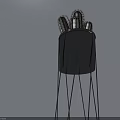 Modern Sculpture Carving With Blue Carved Pieces Black Cylindrical Container And Metal Wire Stand