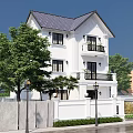 White Three Story Detached Villa With Dark Roof Tiles Gate Fence And Green Trees