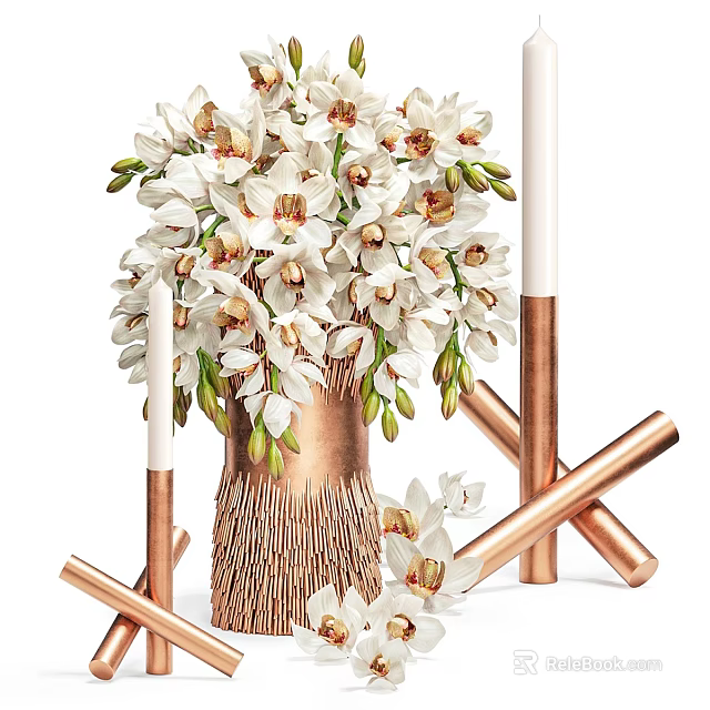 Elegant Decorative Ornament Set With White Flowers Copper Vase White Candles And Copper Candle Holders 3d model 