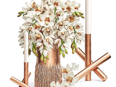 Elegant Decorative Ornament Set With White Flowers Copper Vase White Candles And Copper Candle Holders 3d model