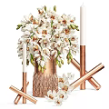 Elegant Decorative Ornament Set With White Flowers Copper Vase White Candles And Copper Candle Holders