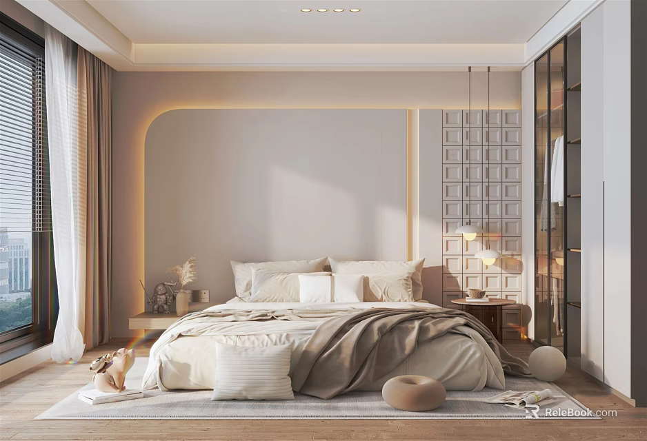 Warm Modern Bedroom Interior Design With Soft Tones Bed Linen Wooden Floor And Lattice Screen 3d model 